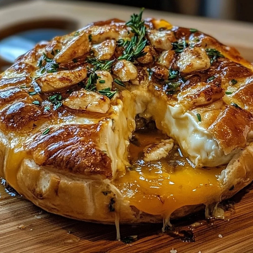 Delicious Baked Brie topped with nuts and honey served on a wooden board.
