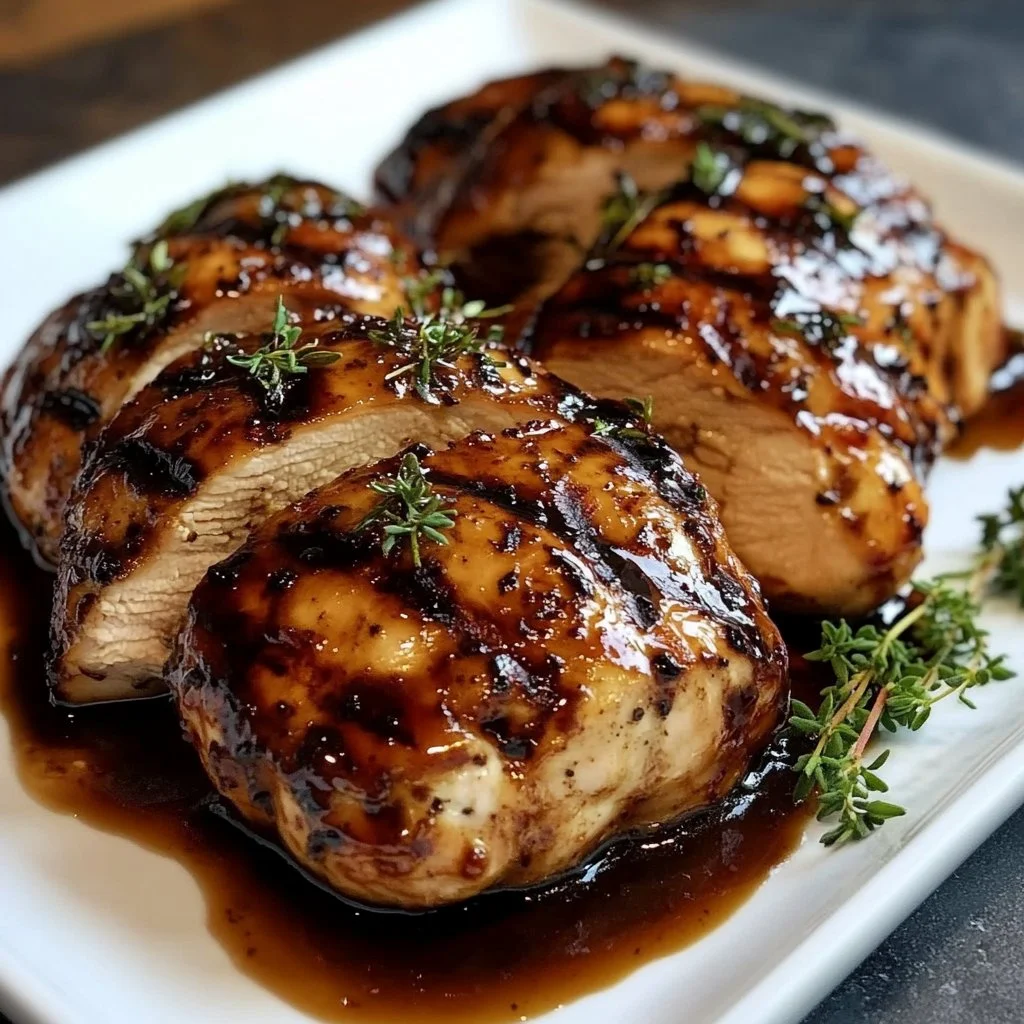 Delicious balsamic baked chicken breast on a plate with herbs and vegetables