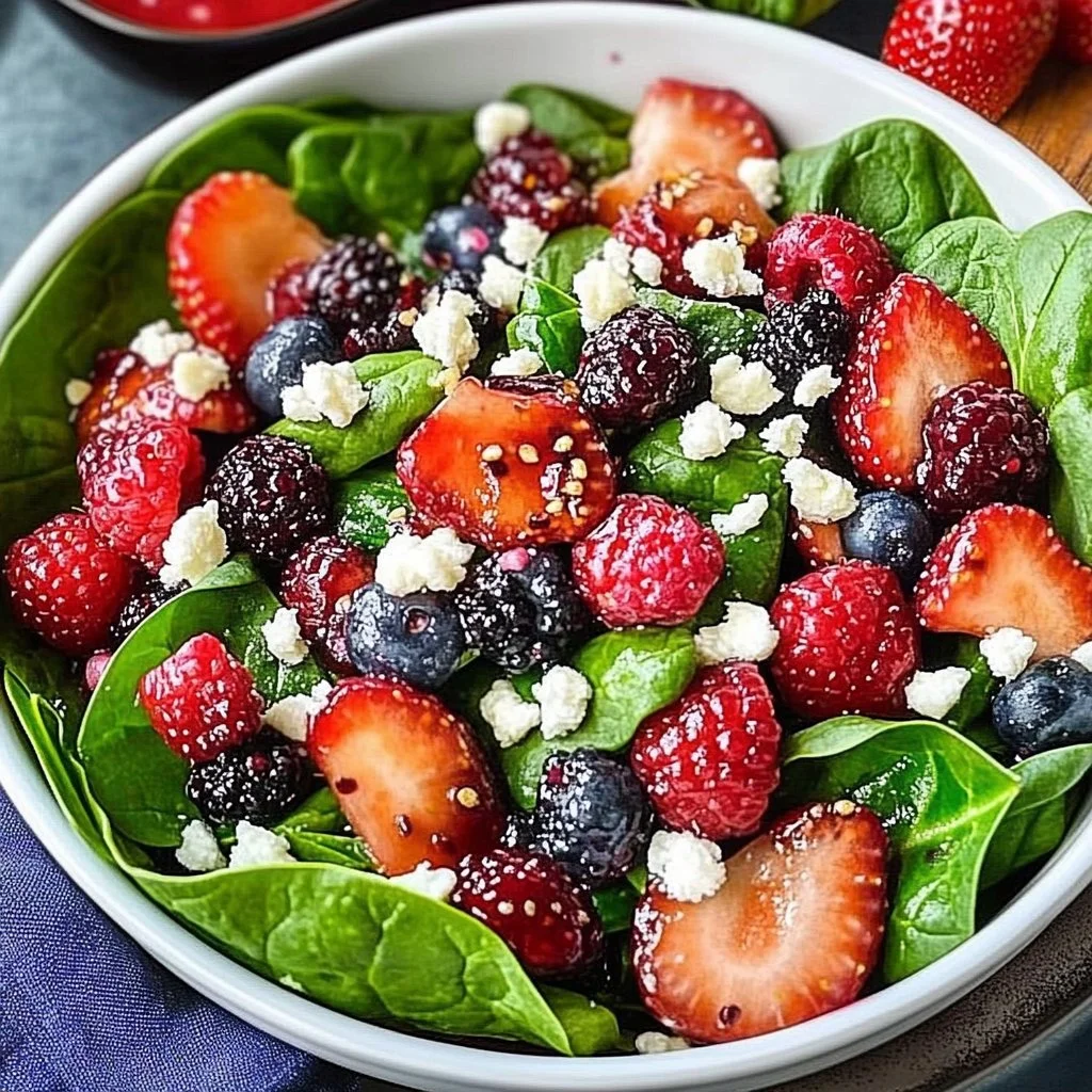 Fresh Berry Spinach Salad with mixed berries and dressing
