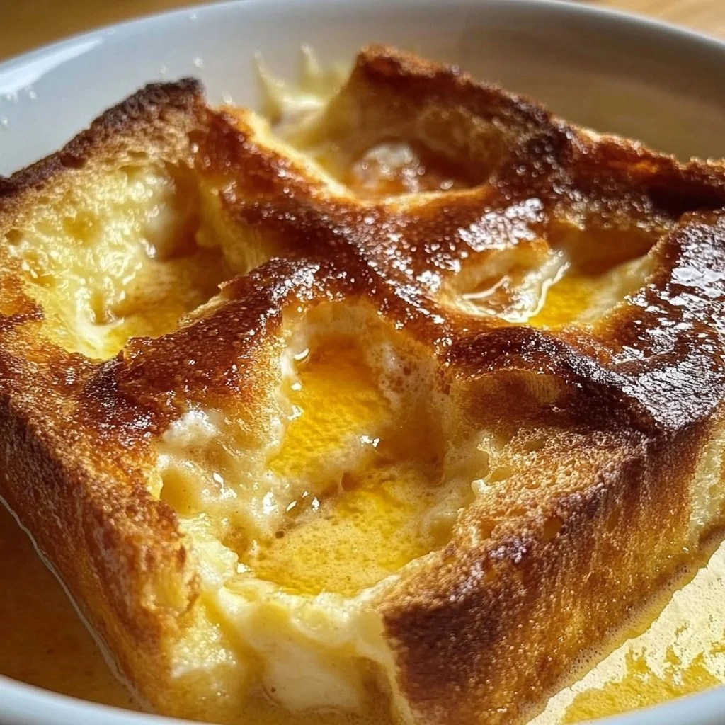 Delicious homemade bread and butter pudding served in a bowl