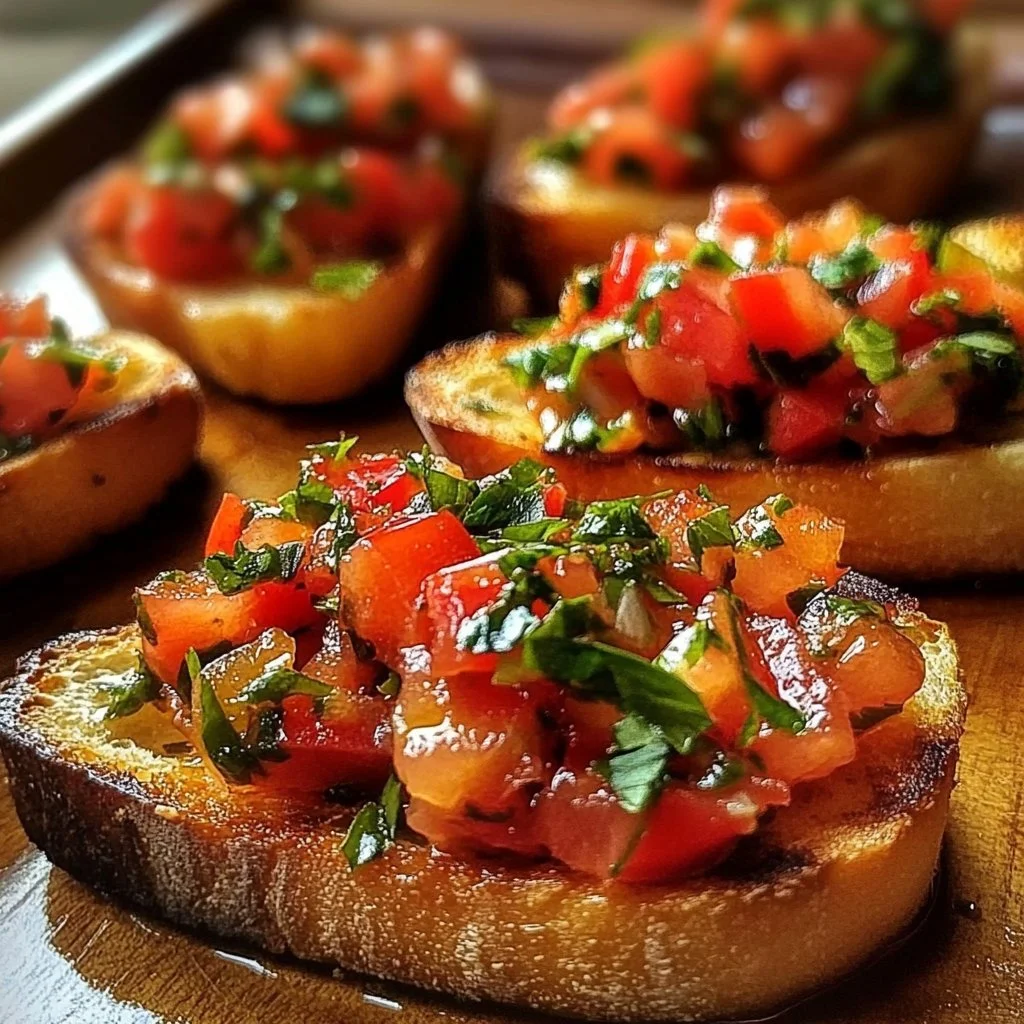 Plate of assorted bruschetta appetizers topped with fresh ingredients