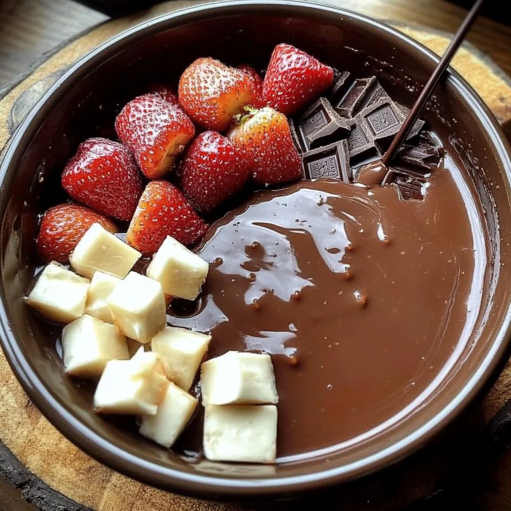 A delicious chocolate fondue pot surrounded by various fruits and sweets for dipping.