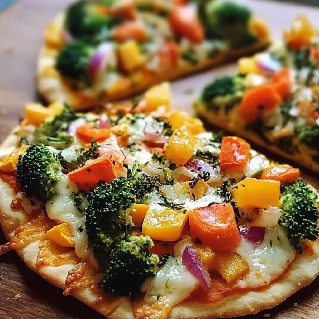 Christmas Tree Veggie Pizza decorated with colorful vegetables