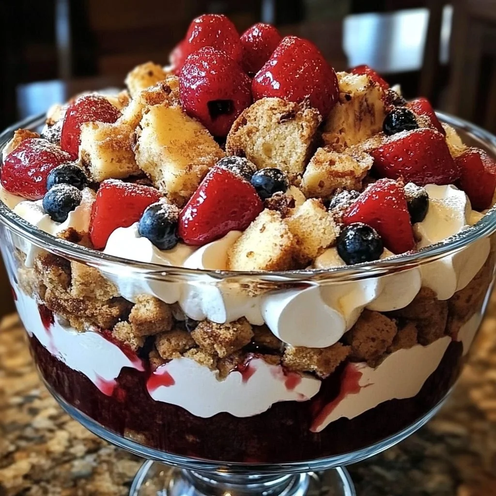 Delicious Christmas Trifle dessert layered with cake, cream, and fruit.
