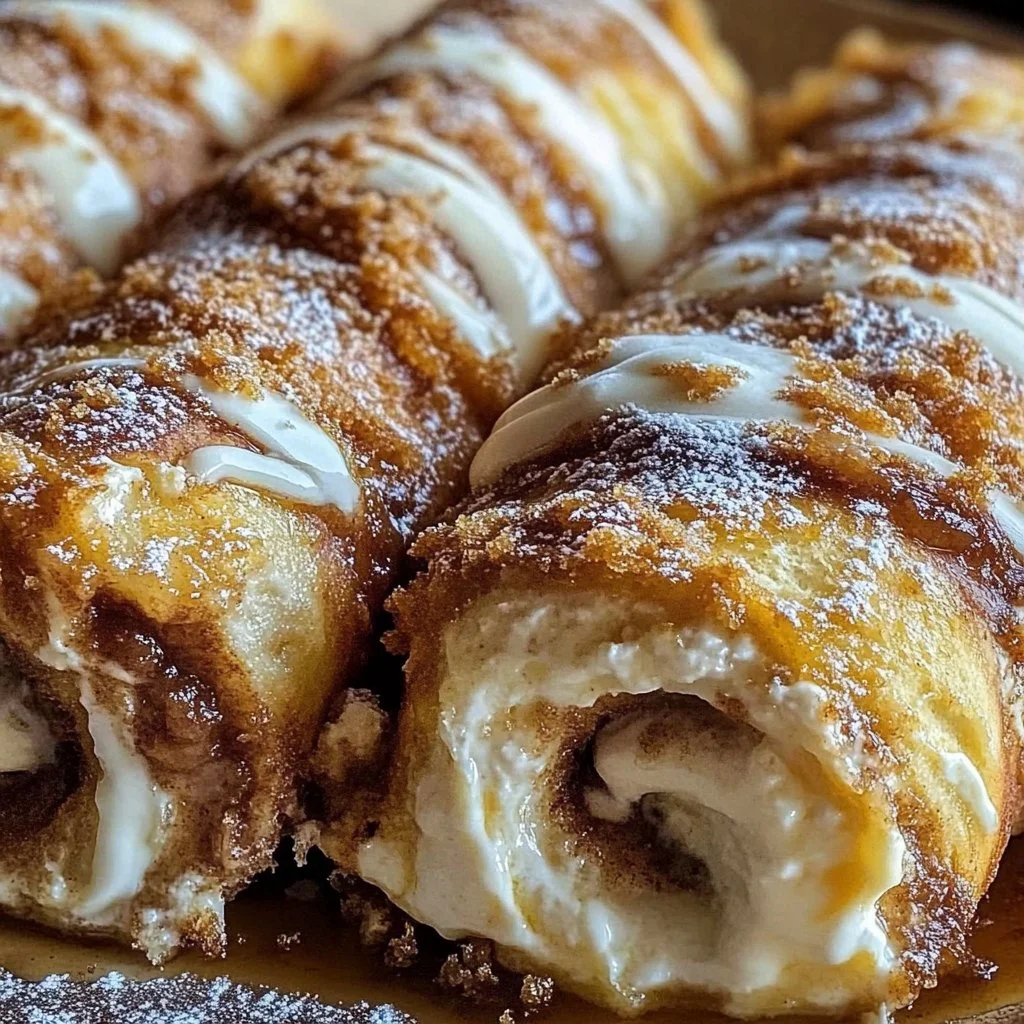 Cinnamon roll cheesecake chimichanga served on a plate with cinnamon drizzle.