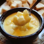 Delicious classic Swiss cheese fondue served with bread and veggies