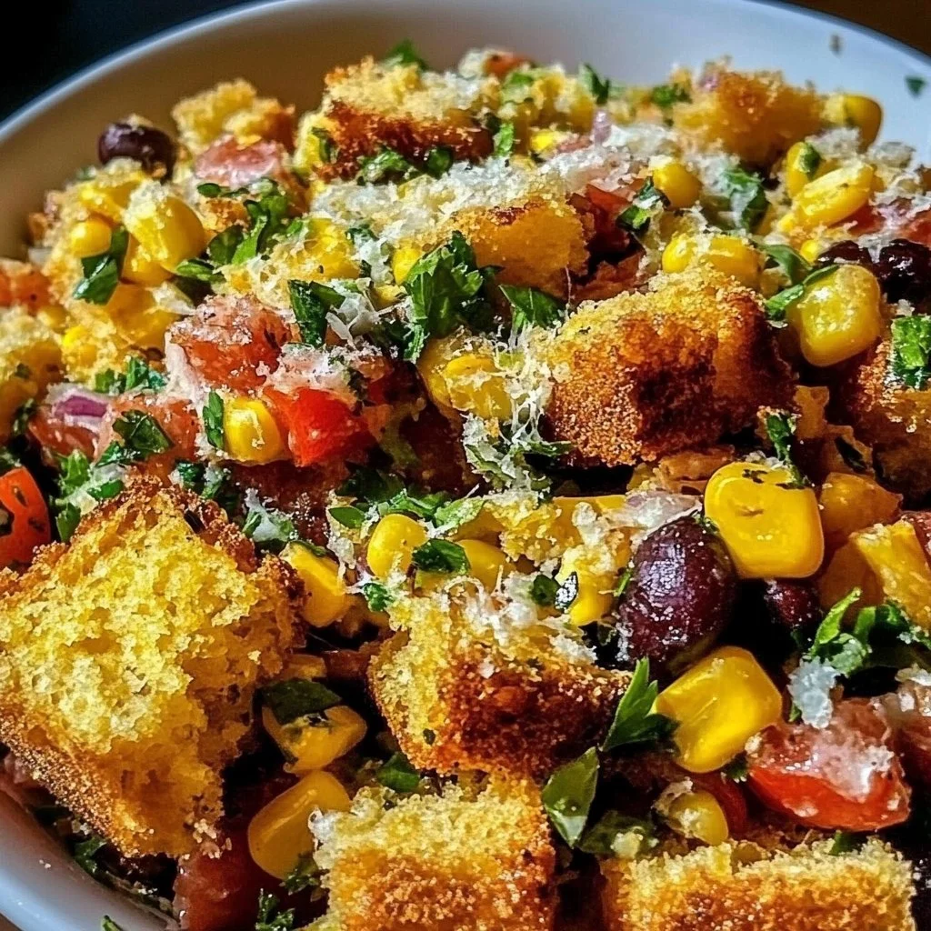 Colorful and flavorful Cornbread Salad served in a bowl with fresh vegetables