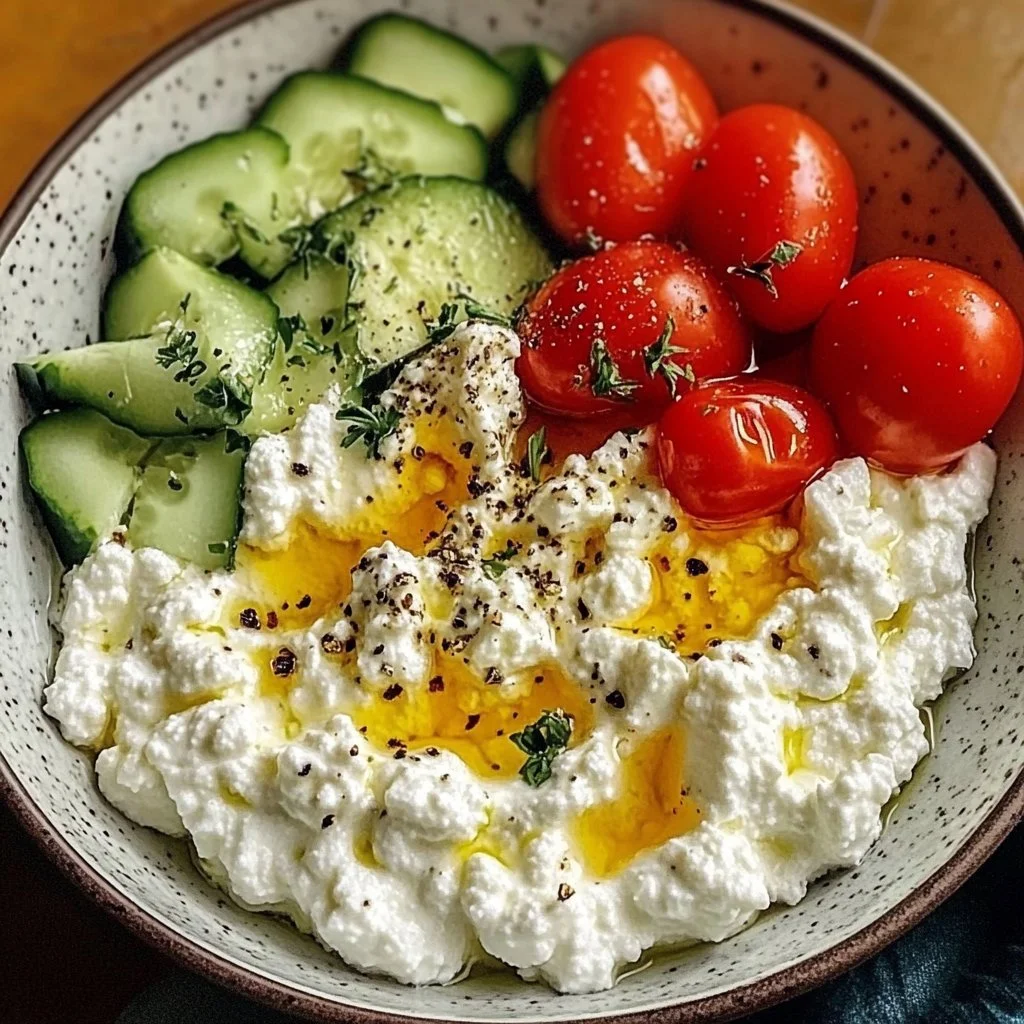 Cottage cheese dinner bowl with colorful vegetables and grains