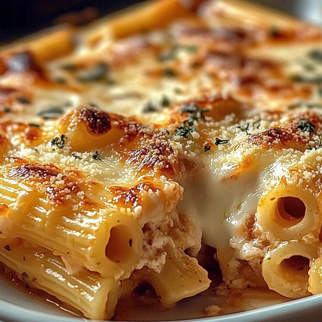 Delicious Cottage Cheese Pasta Bake topped with cheese and herbs