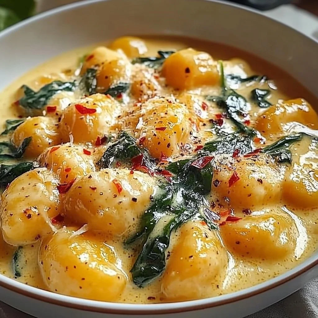 Bowl of creamy gnocchi with spinach garnished with parmesan