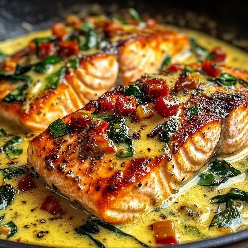 Creamy Tuscan salmon dish garnished with herbs and vegetables