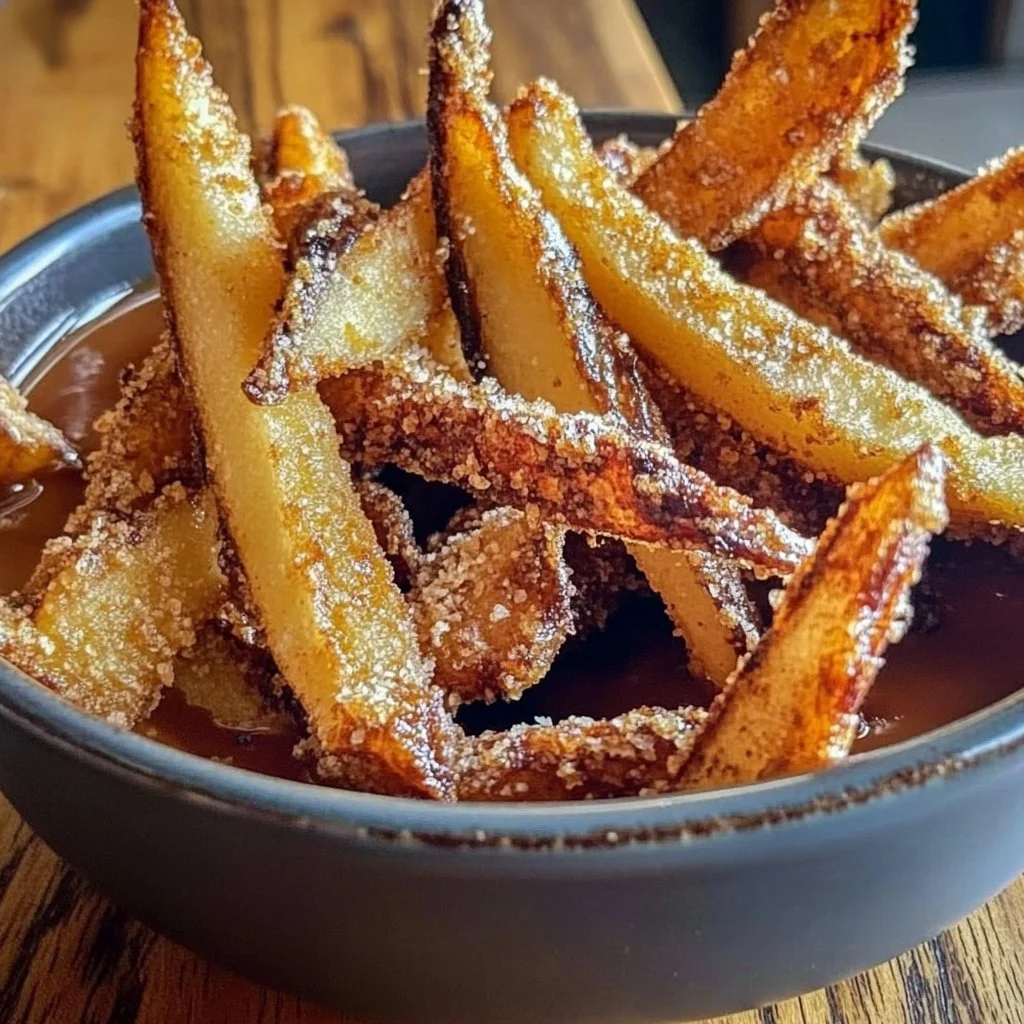 Crispy air fryer apple fries served in a bowl for a tasty dessert.