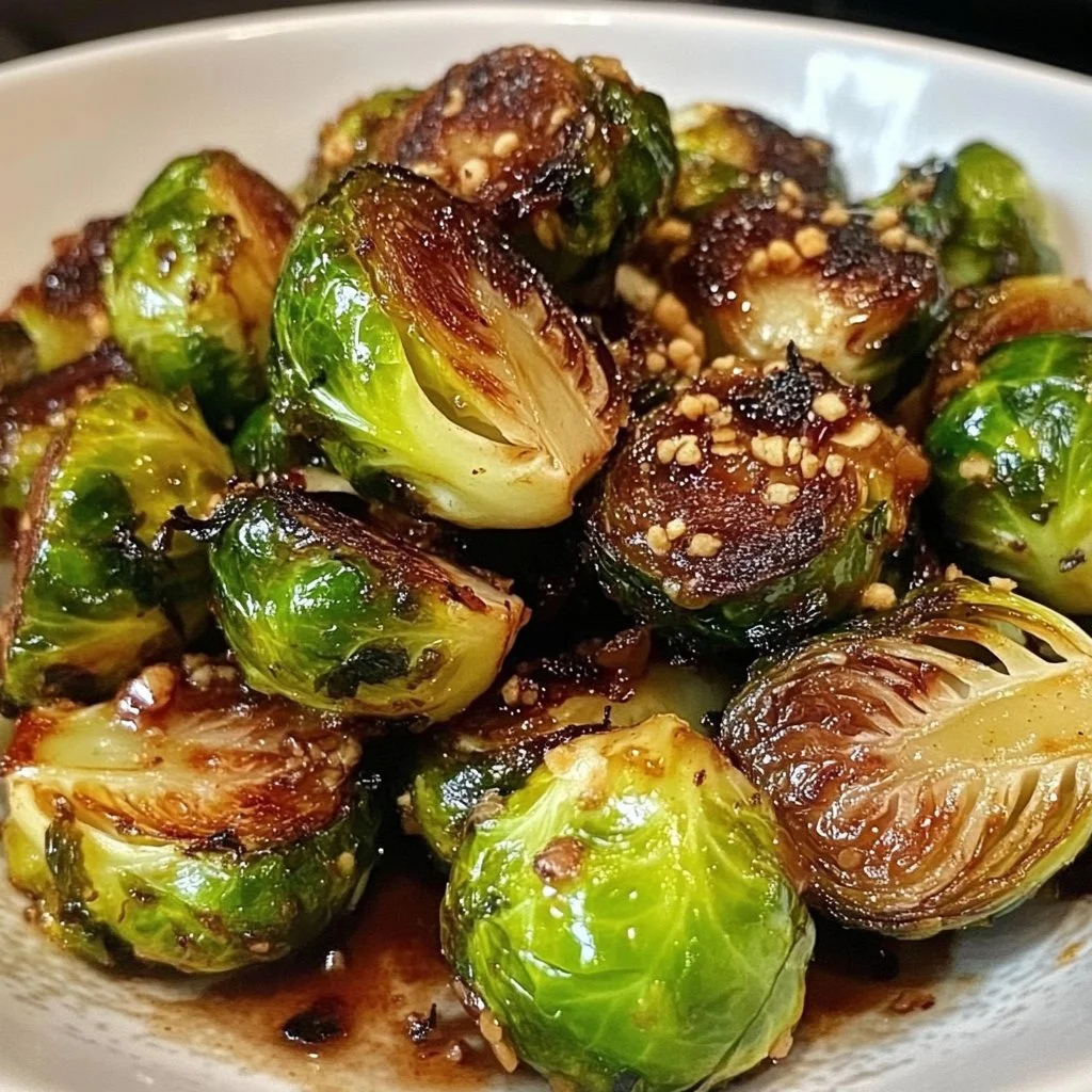 Plate of crispy Brussels sprouts garnished with spices and herbs.