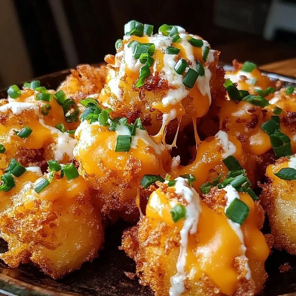 Plate of crispy cheesy tater tot appetizers served with dipping sauces