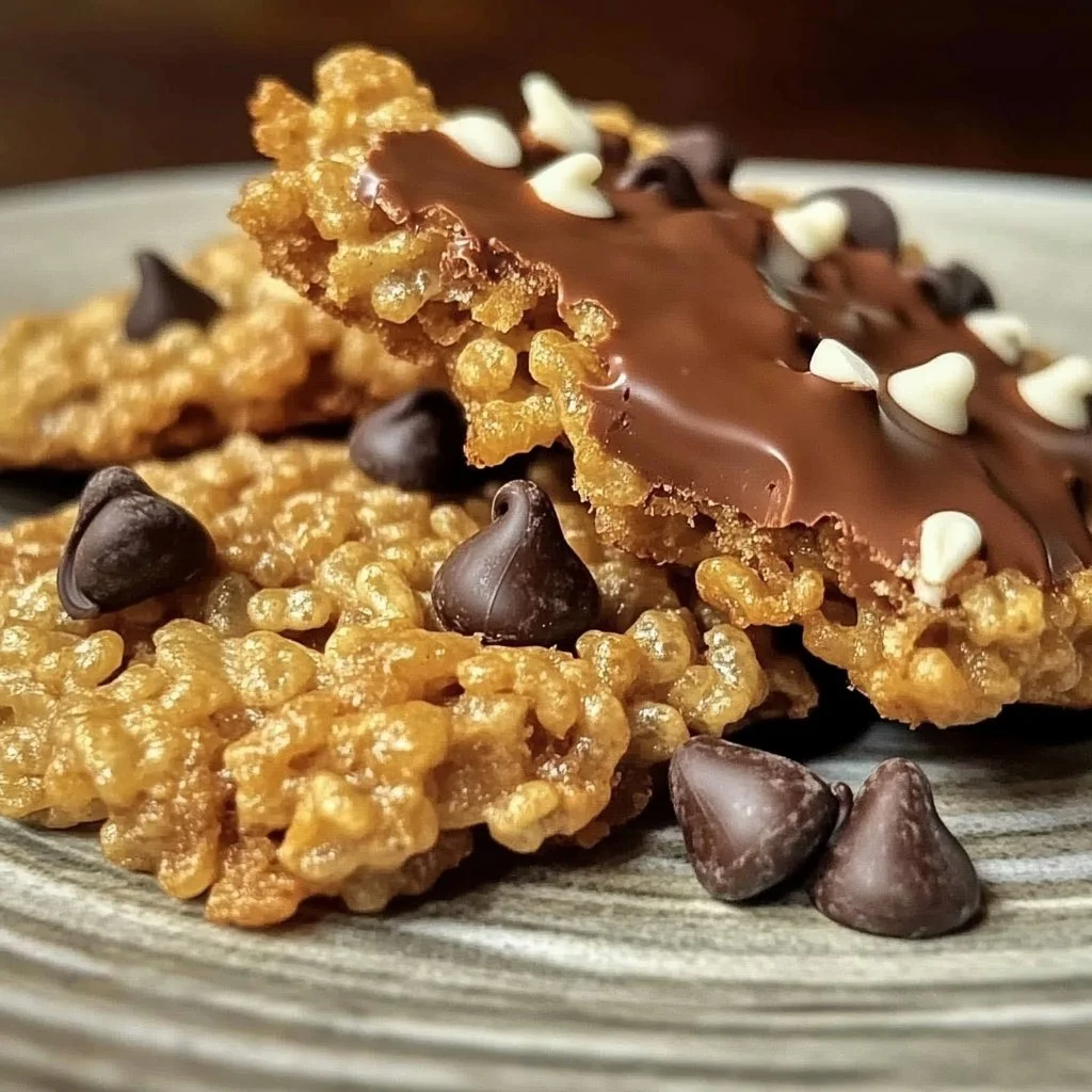 Delicious crunchy chocolate chip Rice Krispie cookies on a plate