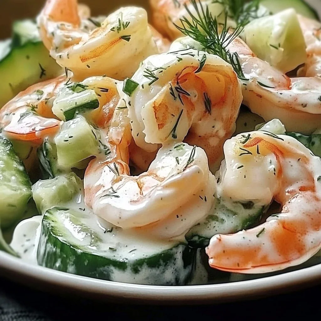 Deliciously creamy cucumber shrimp salad served in a bowl with fresh herbs.