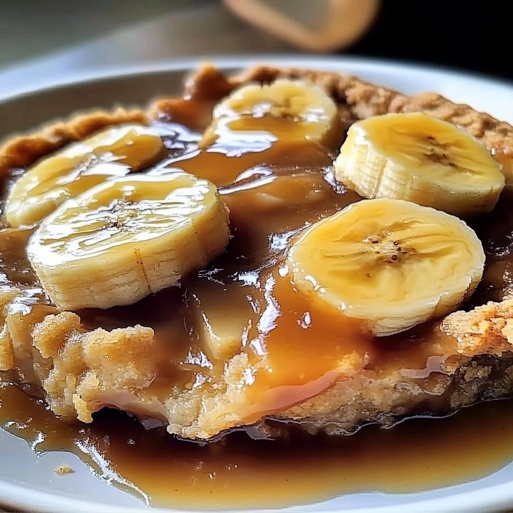 Delicious Bananas Foster Cobbler topped with caramel sauce and bananas.