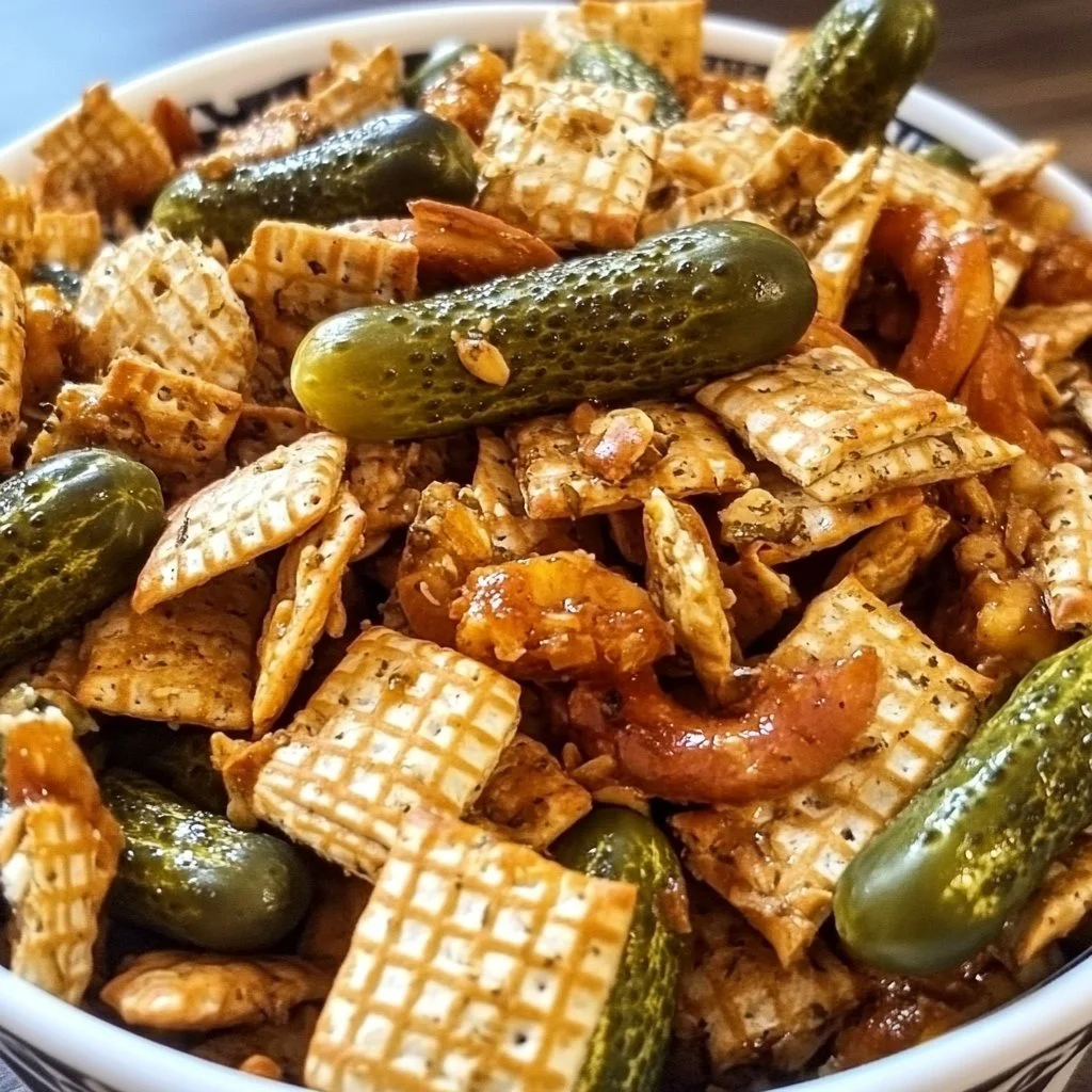 Bowl of Dill Pickle Chex Mix with crunchy snacks and dill pickle flavor.