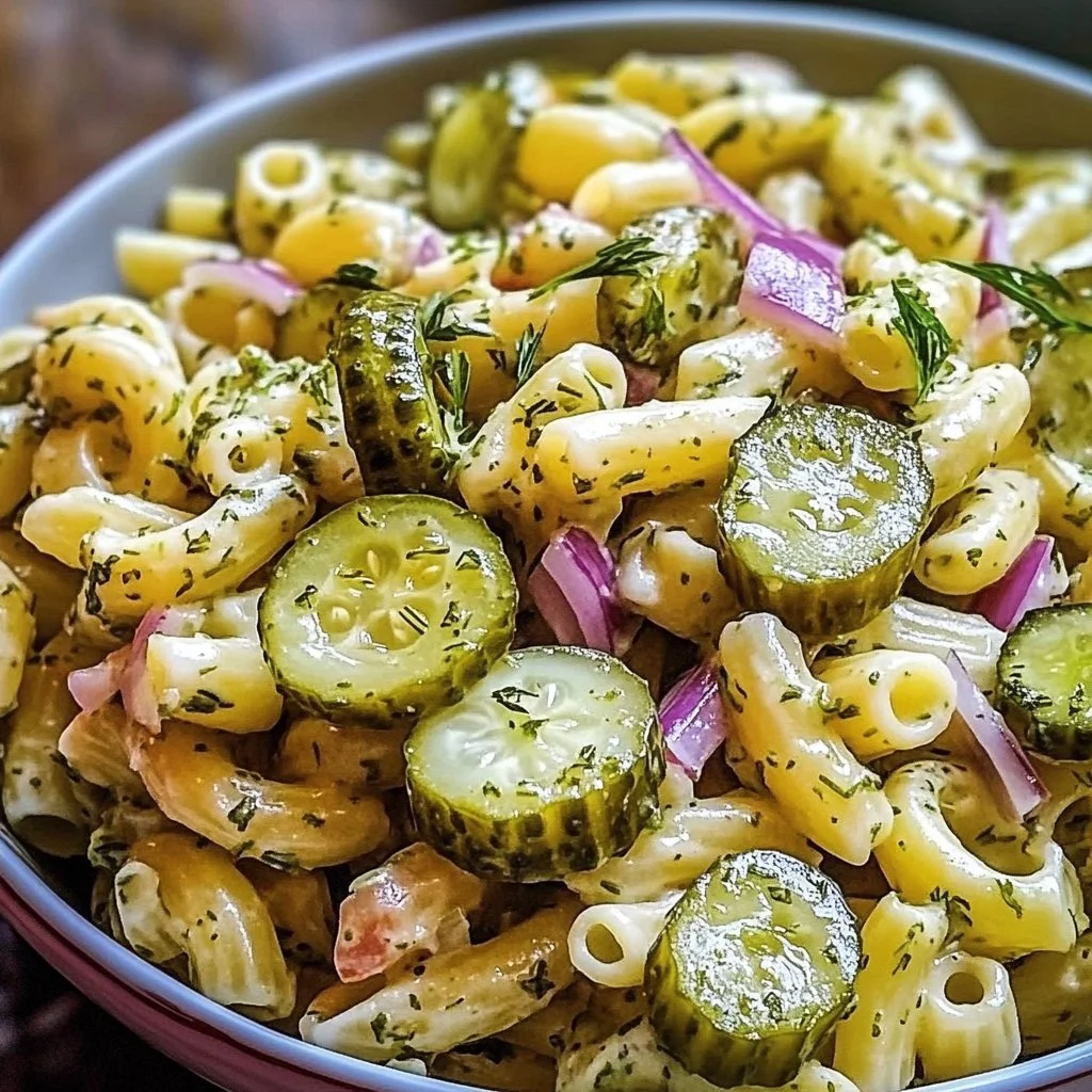 Bowl of Dill Pickle Pasta Salad with fresh ingredients and vibrant colors