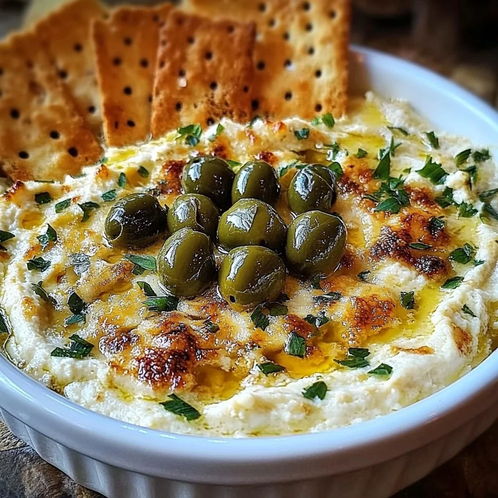 Delicious Dirty Martini Dip served in a bowl with garnishes.