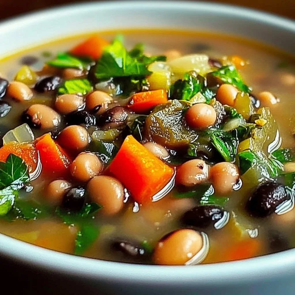 Bowl of easy and delicious black eyed pea vegetable soup with fresh ingredients