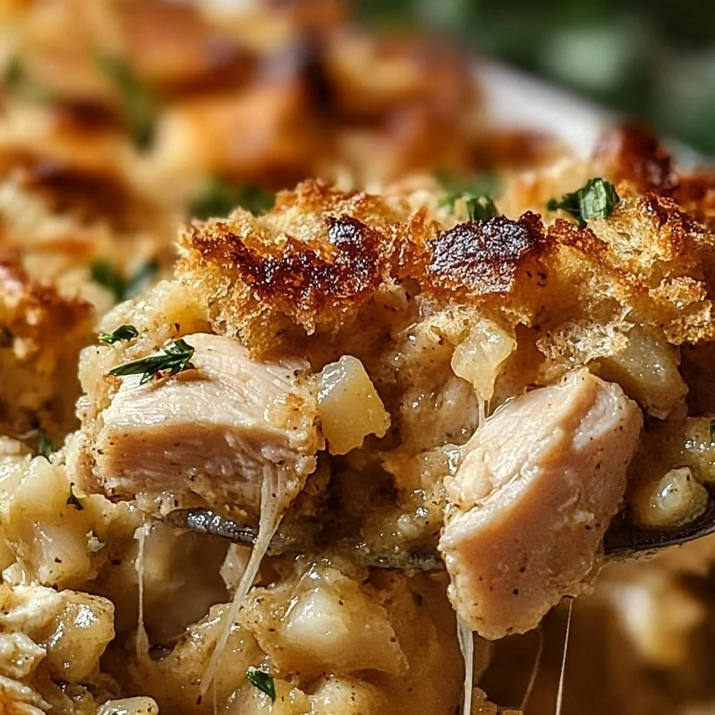 Easy Chicken Stuffing Bake with chicken, stuffing, and creamy sauce