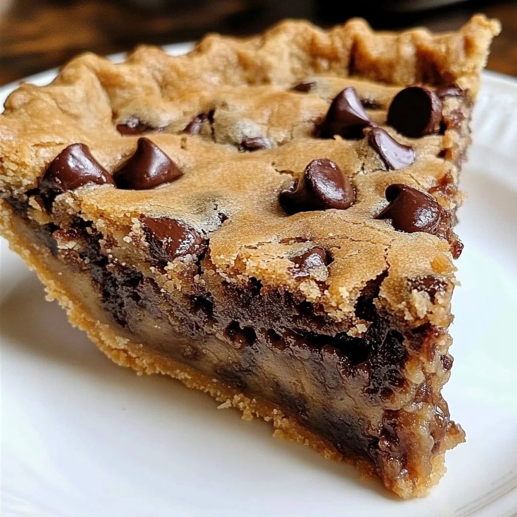 Delicious easy chocolate chip cookie pie baked and ready to serve
