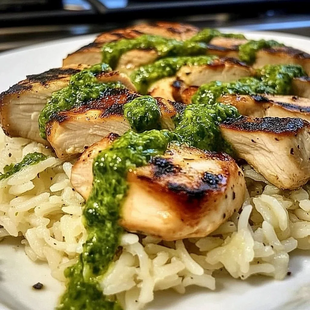 Dish of easy Peruvian chicken and rice served with green sauce