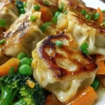 Easy potsticker stir fry dish in a colorful bowl with fresh vegetables.