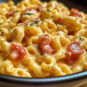 Creamy Rotel pasta dish garnished with fresh herbs and served in a bowl.