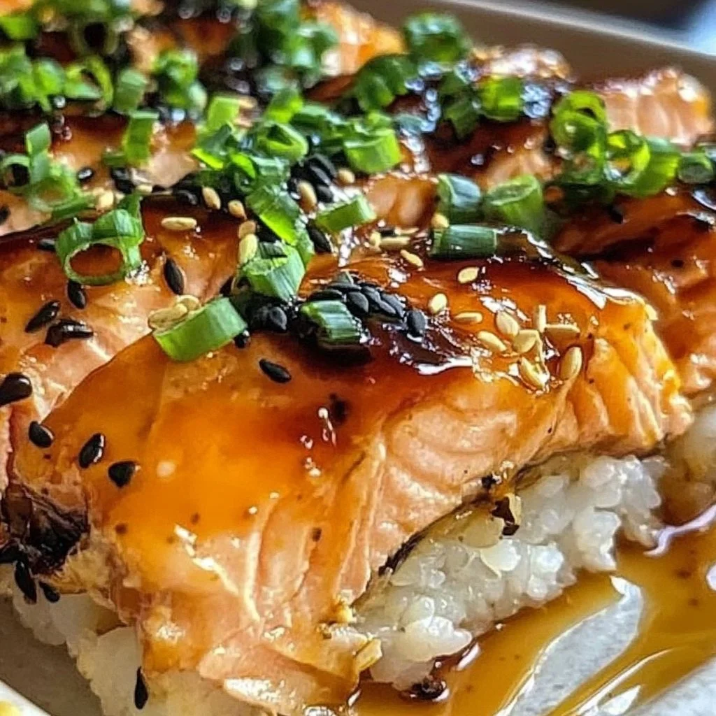Easy spicy salmon sushi bake with layers of salmon and rice in a baking dish