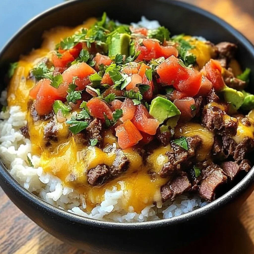Easy Steak Queso Bowl with melted cheese and tender steak