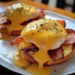 Plate of delicious Eggs Benedict with poached eggs, ham, and hollandaise sauce