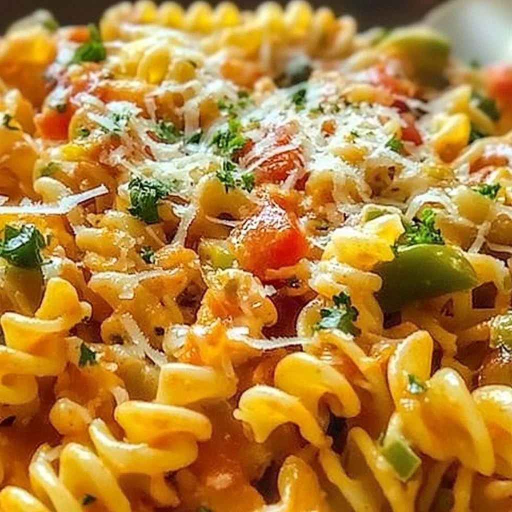 Delicious bowl of Rotel Pasta topped with cheese and fresh herbs