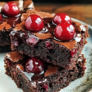 Fudgy cherry brownies topped with chocolate ganache on a white plate