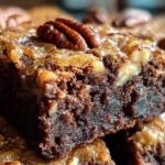 Delicious German chocolate pecan brownies on a rustic wooden table