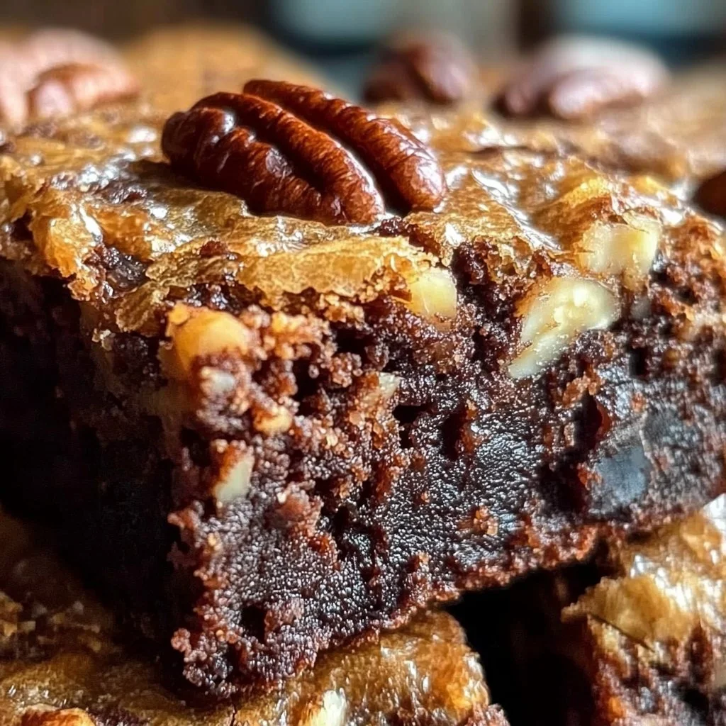 Delicious German chocolate pecan brownies on a rustic wooden table
