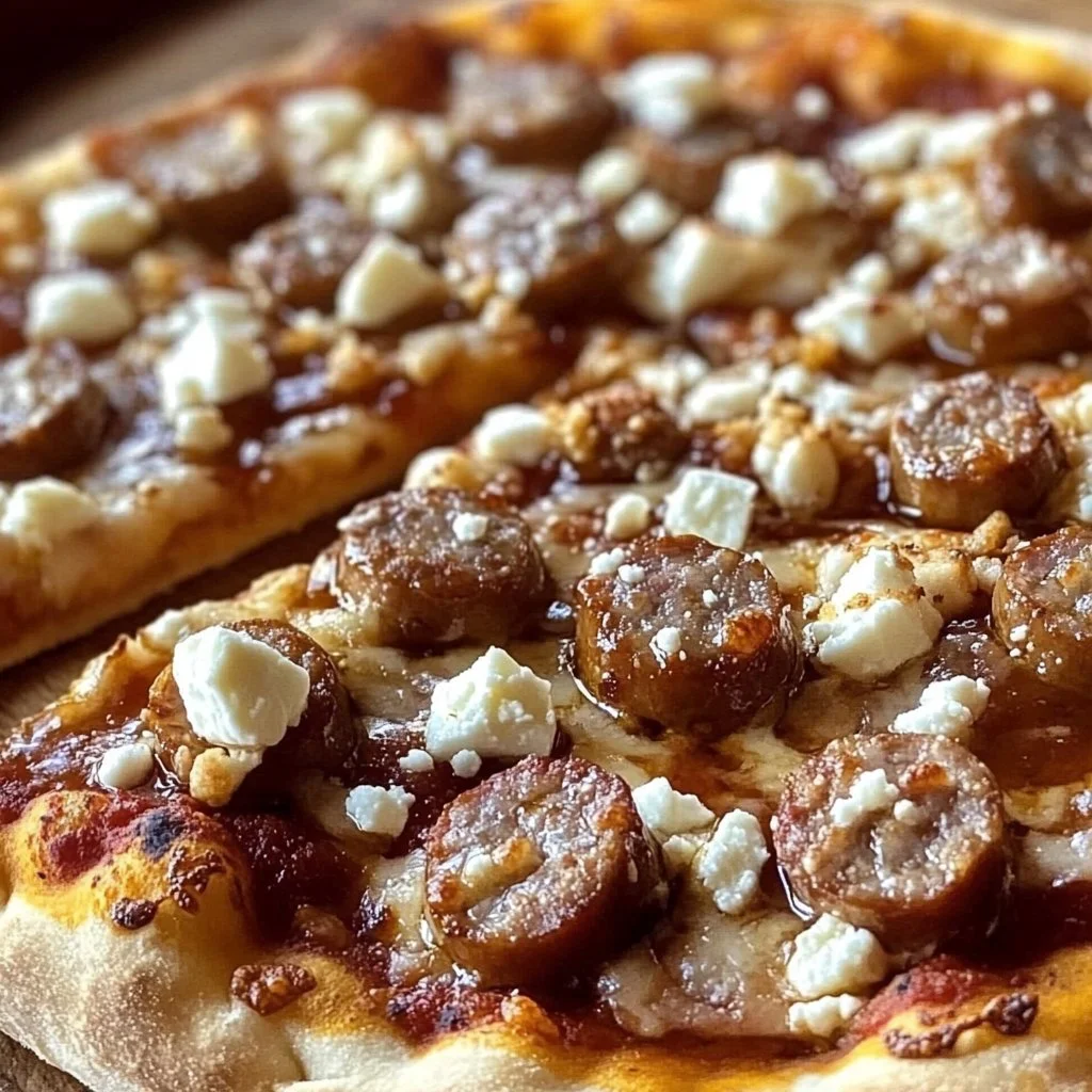 Gourmet hot honey pizza topped with sausage and feta cheese