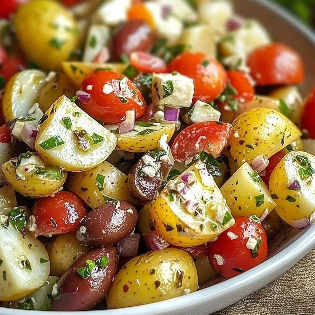 Delicious Greek potato salad with fresh ingredients and vibrant flavors.