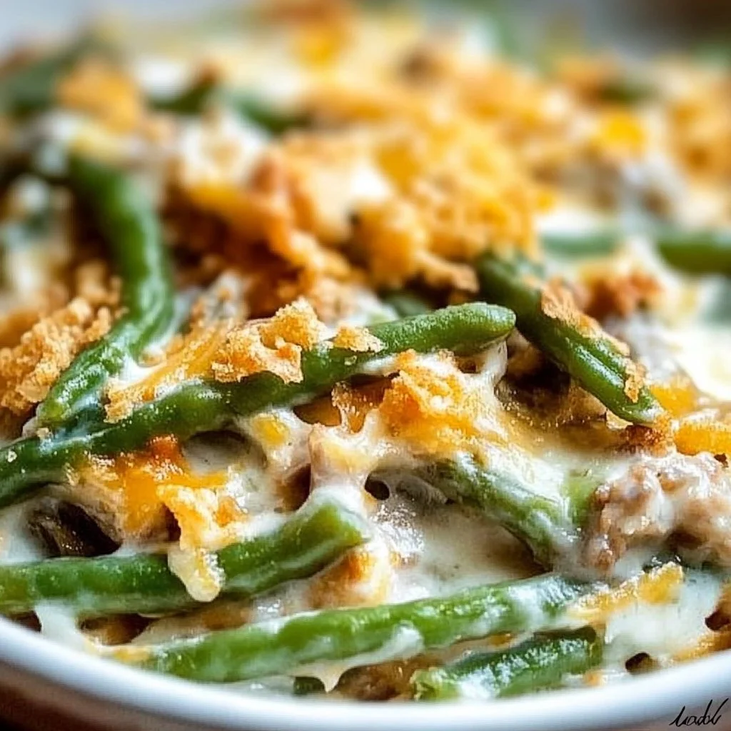 Homemade green bean casserole topped with crispy onions and served in a dish
