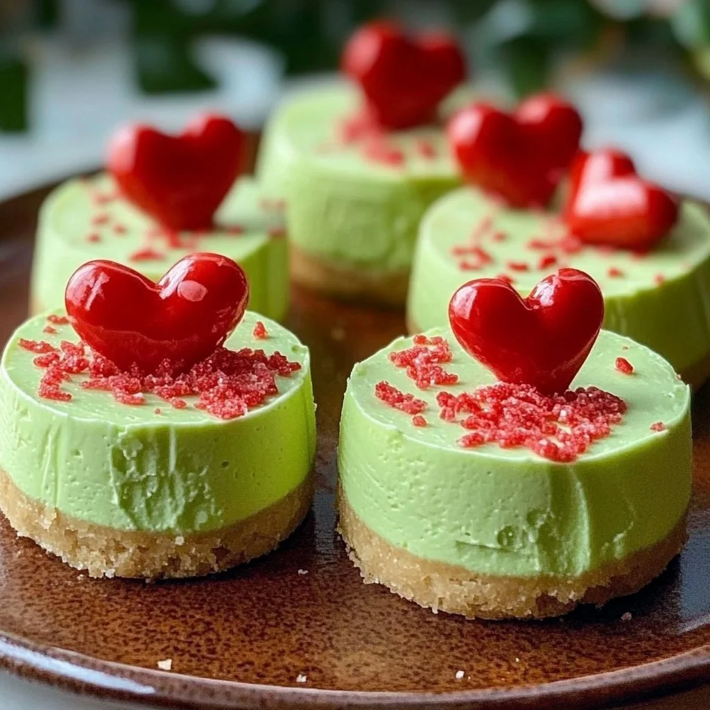 Delicious Grinch Mini Cheesecakes decorated for the holidays