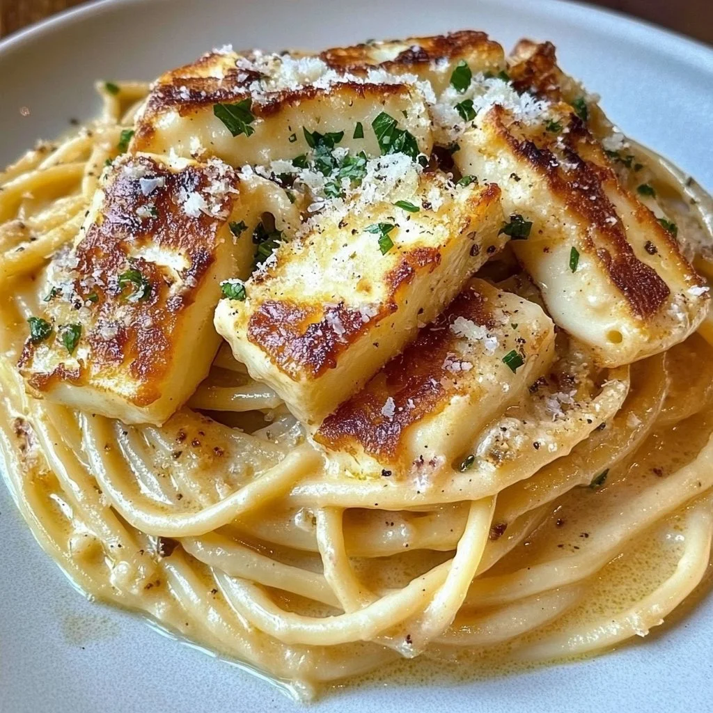 Delicious Halloumi Carbonara served in a bowl with herbs and cheese