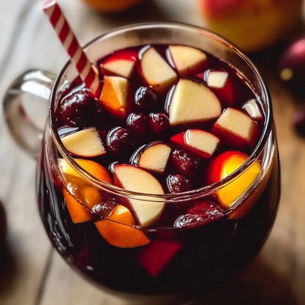 A glass of Holiday Winter Sangria garnished with fruits and spices.