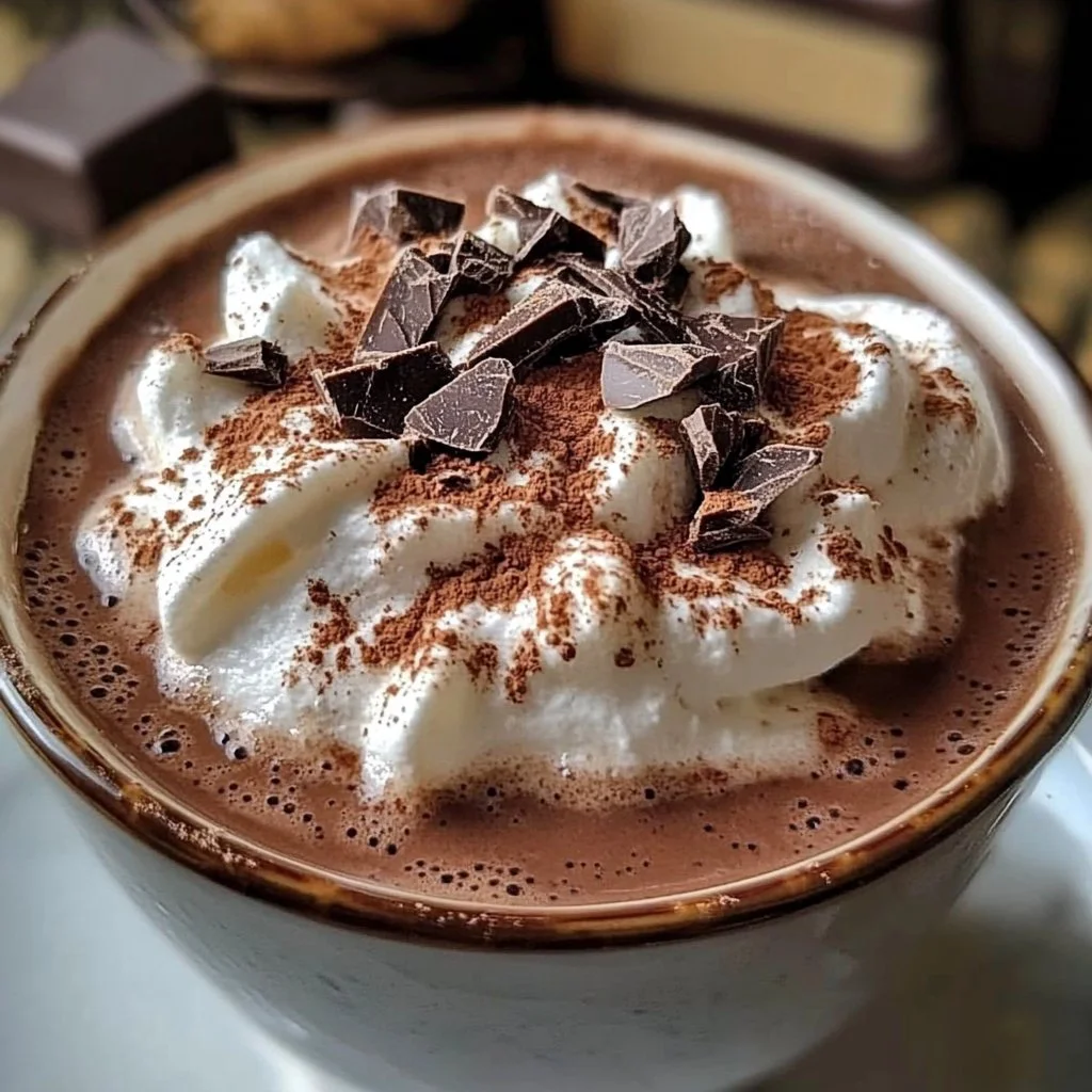 A delicious cup of homemade French hot chocolate topped with whipped cream.