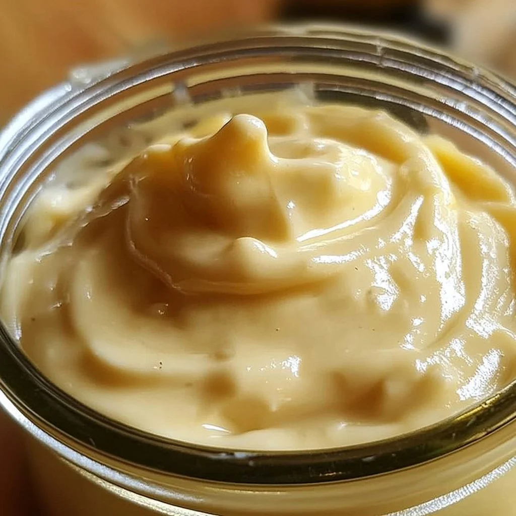A jar of homemade mayonnaise with eggs and oil ingredients on a wooden surface