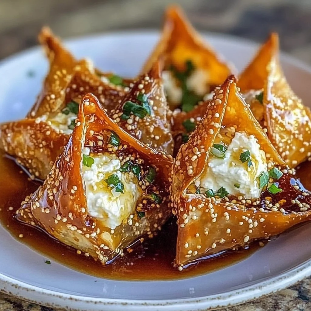 Hot honey feta wonton appetizer served on a plate