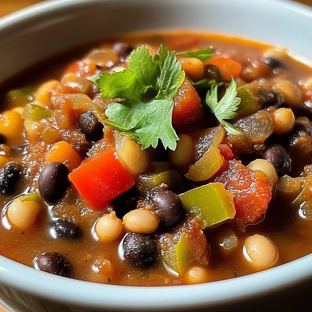 A bowl of irresistible Black Eyed Pea Chili garnished with fresh herbs