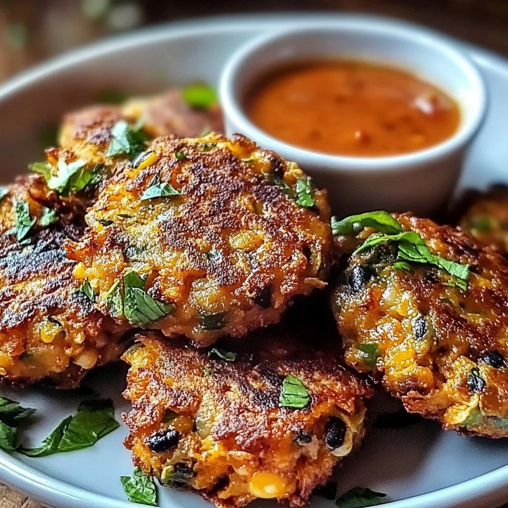 Delicious plate of homemade Black Eyed Pea Fritters served with dipping sauce