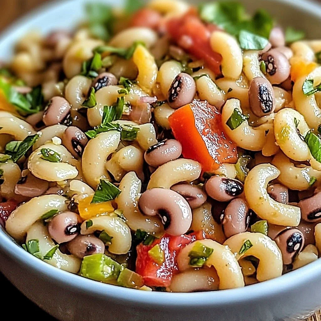 Irresistible Black Eyed Pea Pasta Salad with fresh vegetables and dressing