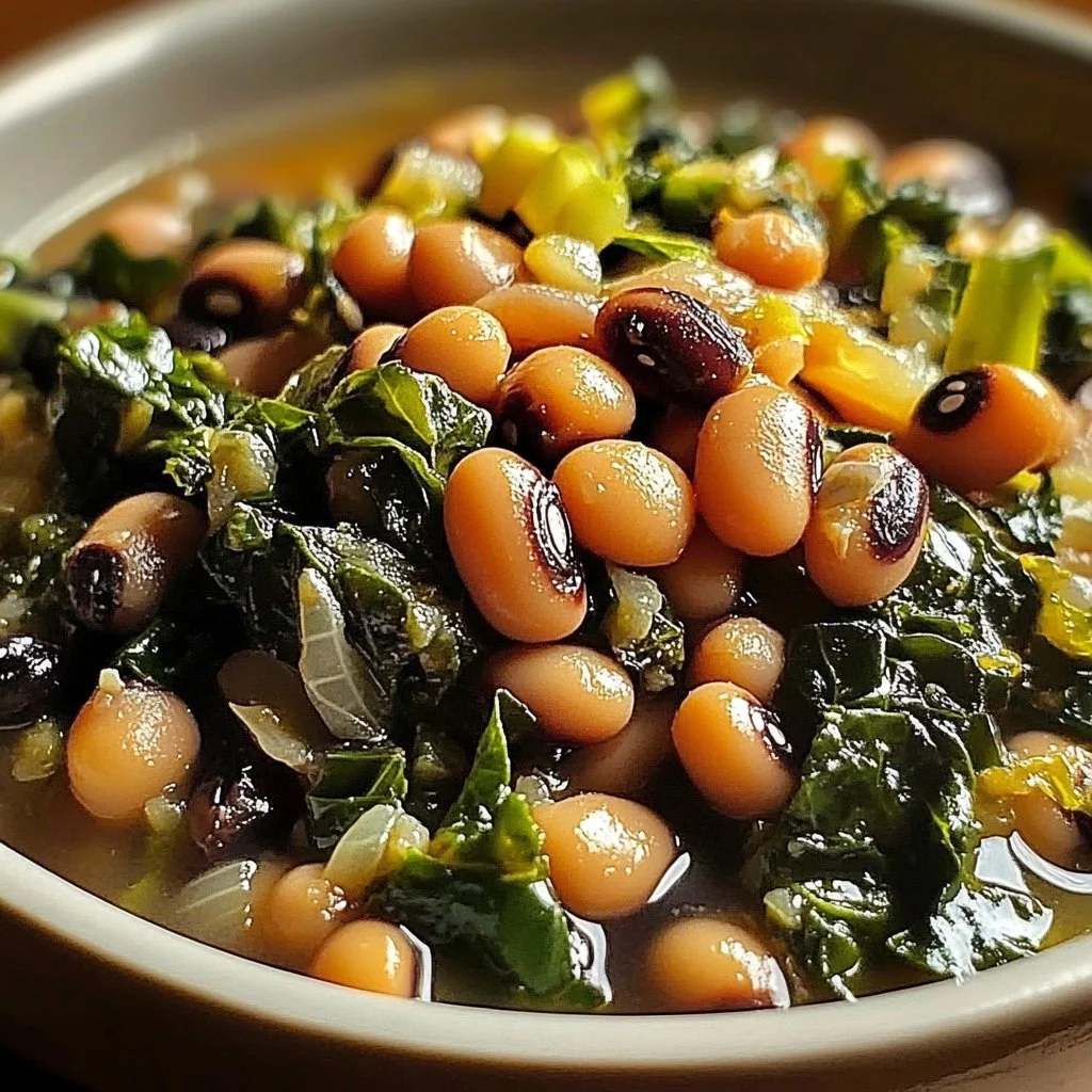 A vibrant dish of Black Eyed Peas and Greens served in a bowl.